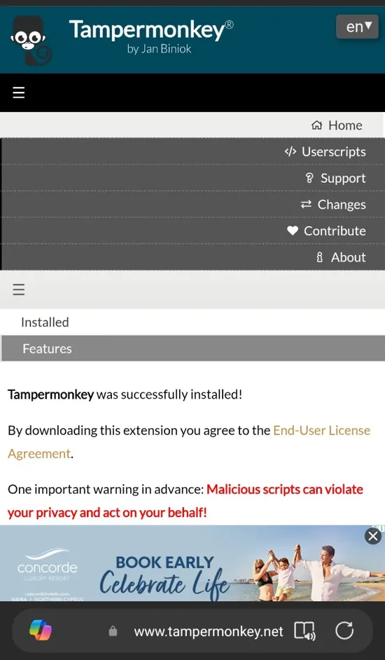 הודעת אישור באנגלית ש־Tampermonkey הותקן בהצלחה